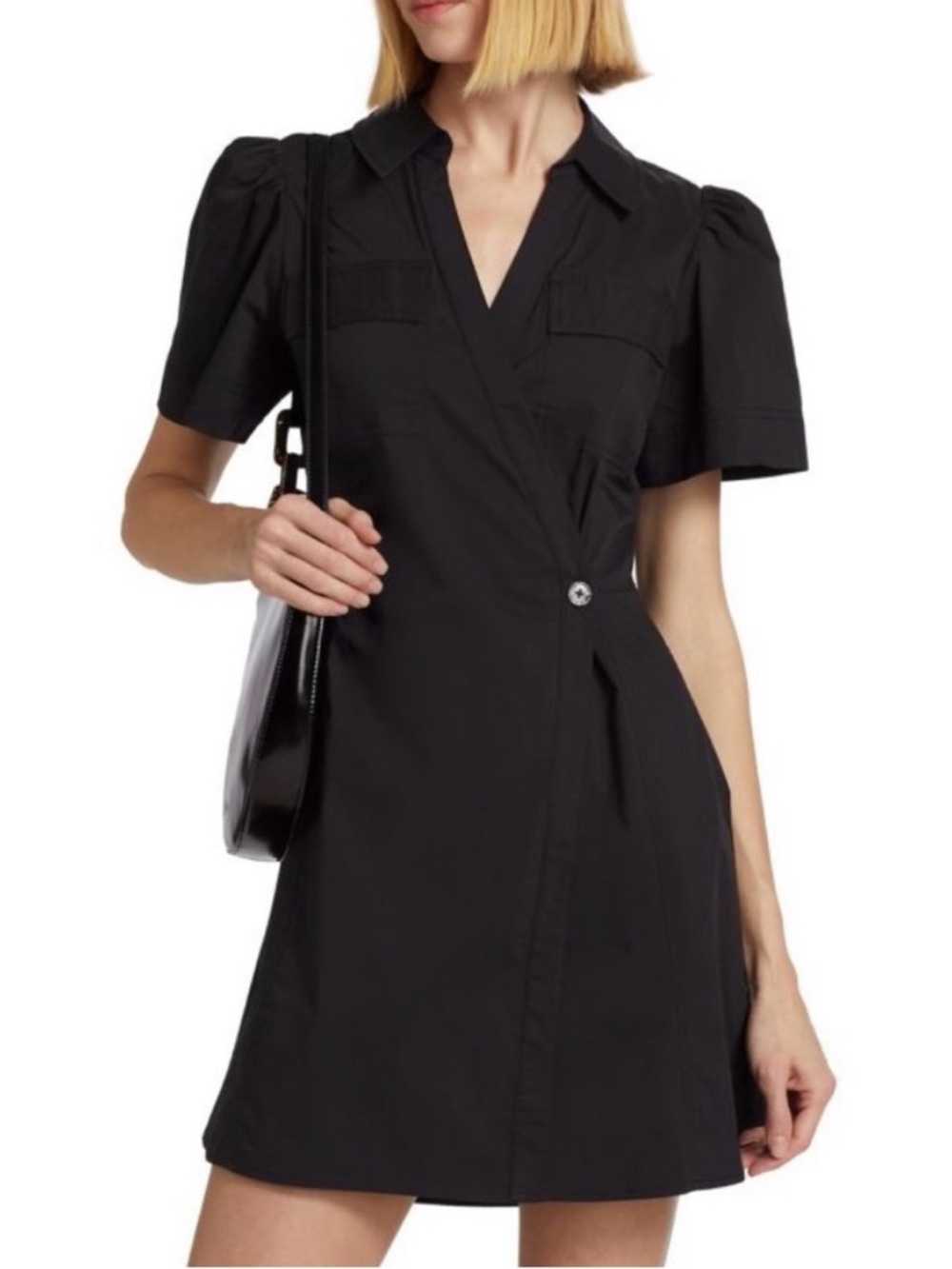 Tanya Taylor Black Short-Sleeve Wrap Shirt Cooper Mini Dress